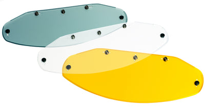 Three differently colored helmet visors for open face helmets: one tinted gray, one clear, and one tinted yellow, arranged side by side. Each visor features mounting holes and mechanisms. These Daniel Smart 5 Snap Flat Shields are optically correct for maximum clarity and protection.