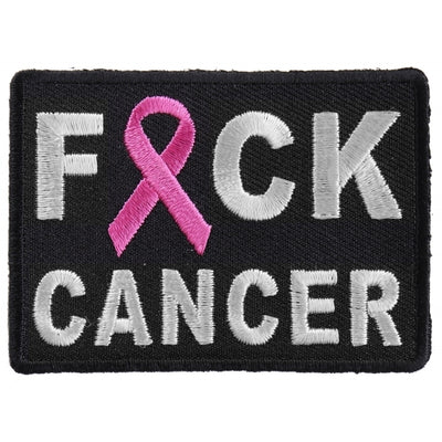 An embroidered Daniel Smart FCK Cancer Pink Ribbon Patch with the text "FCK Cancer" in bold letters, featuring a pink ribbon symbol replacing the "C" in "cancer".