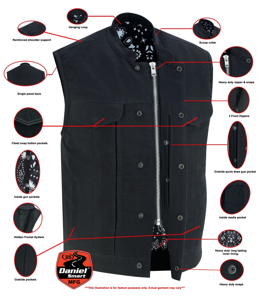 Daniel Smart Men's Modern Utility Style Canvas Vest displayed with labeled features including snap and zipper closures, hidden 16 pocket system, a scoop collar, reinforced shoulder support, single panel back, and diamond cover snaps.