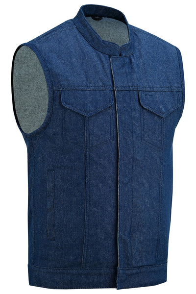 Daniel Smart Men's Blue Rough Rub-Off Raw Finish Denim Vest with two chest pockets and grey reinforced shoulder support, displayed on a white background.