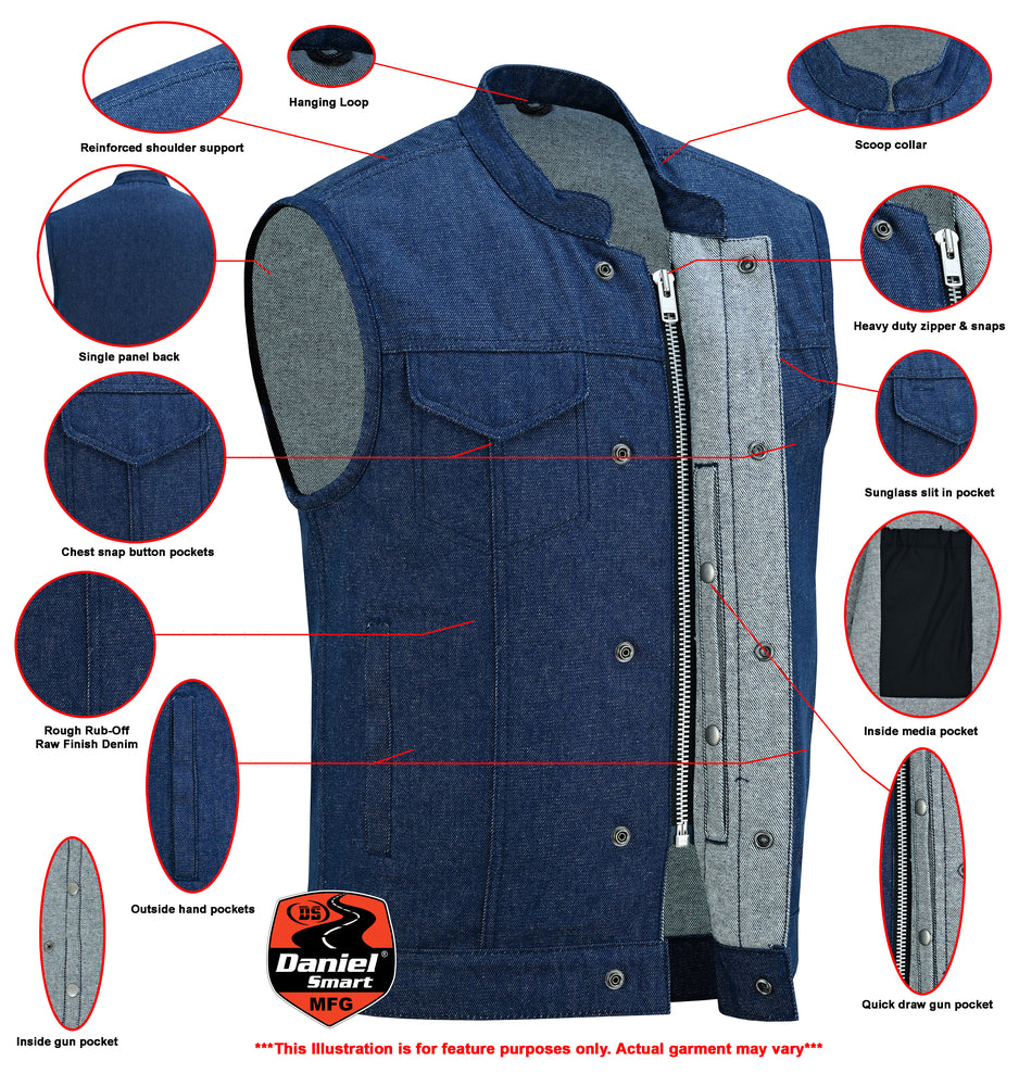 Illustration of a Daniel Smart Men's Blue Rough Rub-Off Raw Finish Denim Vest with labeled features including concealed gun pockets, zippers, and collar details, with a note specifying that the drawing is for feature demonstration only.