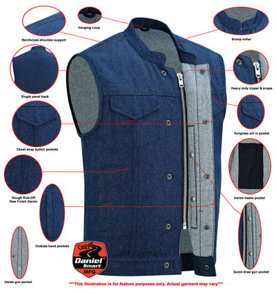 Illustration of a Daniel Smart Men's Blue Rough Rub-Off Raw Finish Denim Vest with labeled features including concealed gun pockets, zippers, and collar details, with a note specifying that the drawing is for feature demonstration only.