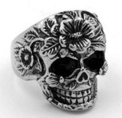 Daniel Smart Stainless Steel Flower Face Skull Biker Ring - American Legend Rider