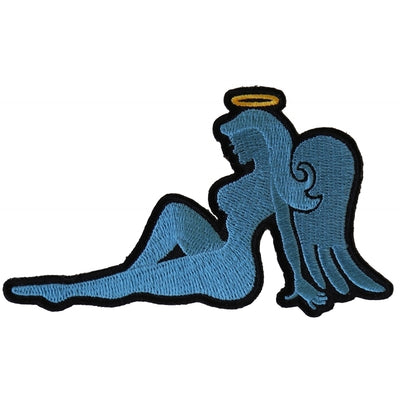 The Daniel Smart Blue Angel Girl Iron-on Novelty Patch: a stunning embroidered design showcasing a blue silhouette of a reclining woman with angel wings and a halo, outlined in black. This patch is ideal for infusing your outfit with celestial elegance.