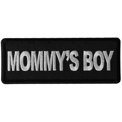 Rectangular black embroidered Daniel Smart Mommy's Boy Patch with the phrase "mommy's boy" in bold white letters, designed to easily iron on.