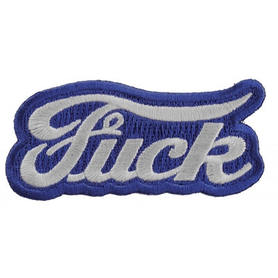 Embroidered patch with the word "fuck" in cursive, featuring white text on a blue background with a raised texture and designed as a Daniel Smart Ford Fuck Biker Naughty Iron on Patch.