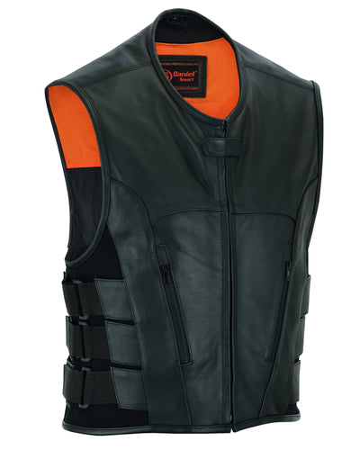 Daniel Smart Men's Updated SWAT Team Style Vest with orange shoulder patches, featuring multiple concealed carry pockets and a front buckle closure.