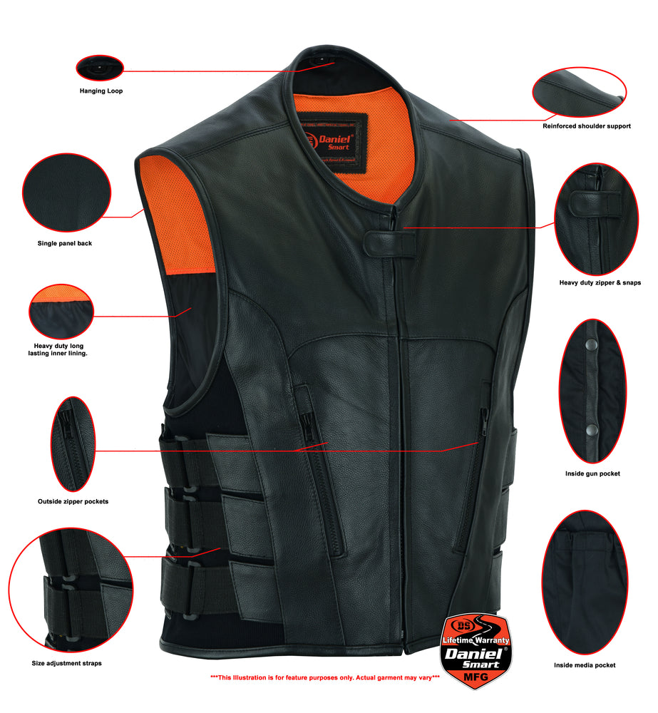 Image of the Daniel Smart Men's Updated SWAT Team Style Vest with multiple labeled features including a hanging loop, reinforced shoulder support, single panel back, heavy duty zipper, side adjustment straps, and various pockets.