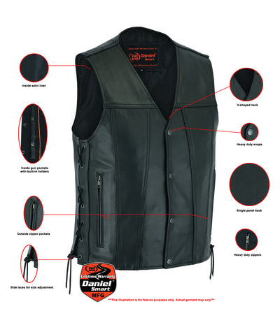 Exploded view of a Daniel Smart Men's Single Back Panel Concealed Carry Vest highlighting its features including a v-shaped neck, heavy-duty snaps, single panel back, and various pocket styles designed for concealed carry.