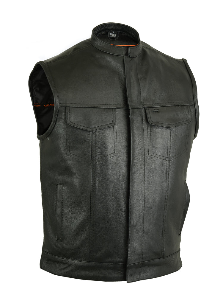 A black leather sleeveless vest with a front zipper and snap button closure. This Daniel Smart Upgraded Style Gun Pockets, Hidden 10'' Gun Metal Zipper, Side features two chest pockets with flaps, two side pockets, and adjustable side zippers for a perfect fit.