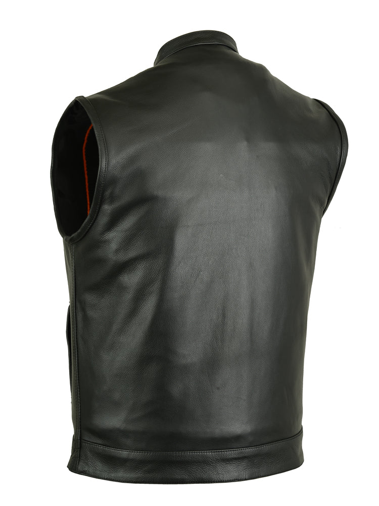 A men's Daniel Smart Upgraded Style Gun Pockets, Hidden 10'' Gun Metal Zipper, Side motorcycle vest made of black leather is shown from the back, featuring adjustable side zippers.