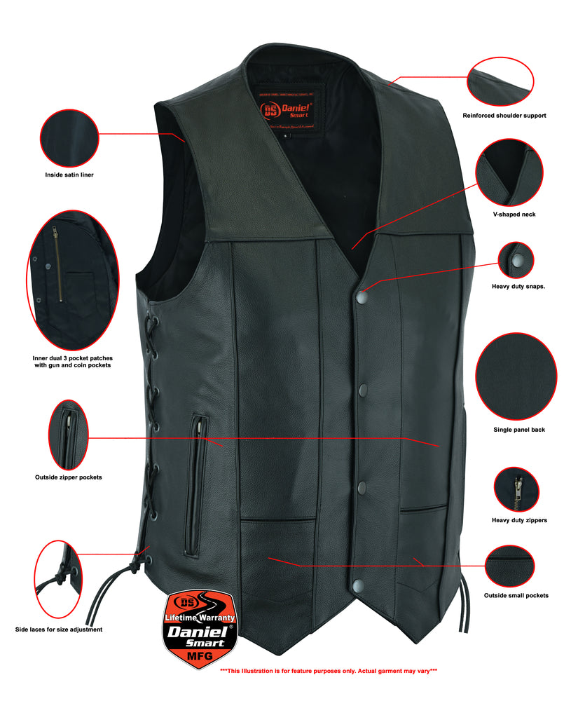 A labeled diagram of a Daniel Smart Men's Ten Pocket Utility Vest highlighting its various features and components, including conceal carry pockets.