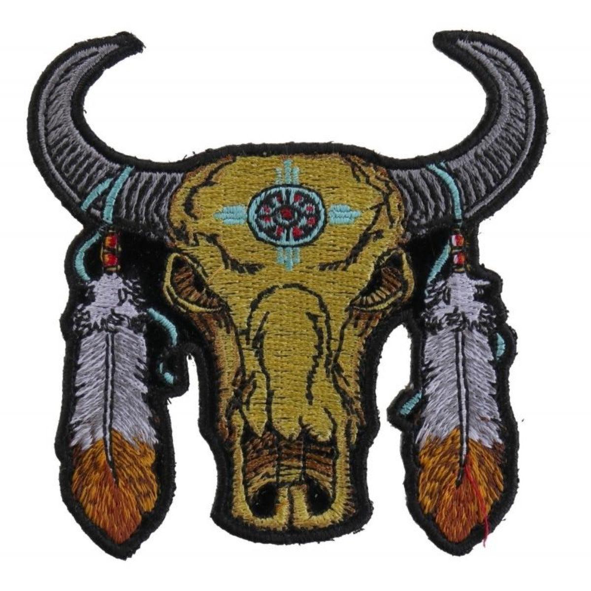 Daniel Smart Buffalo Head Feathers Embroidered Iron On Patch, 3.5 x 3.5 inches - American Legend Rider