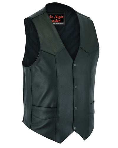 A Daniel Smart Men's Plain Side Economy Vest made of black leather, featuring a V-neck, five snap buttons, and two front pockets. The label inside reads "Late Night Biker" from Daniel Smart Manufacturing.