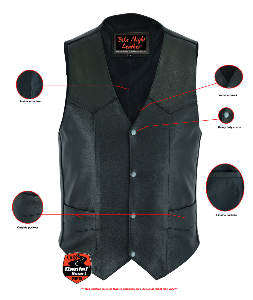 A Daniel Smart Men's Plain Side Economy Vest featuring a V-shaped neck, heavy-duty snaps, an inside satin liner, 2 outside pockets, and 2 inside pockets.