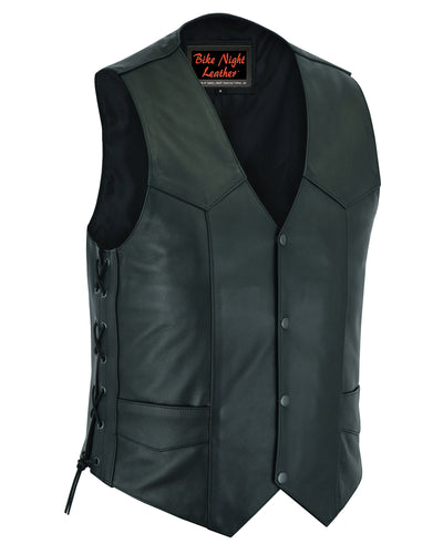 A Daniel Smart Men's Side Lace Economy Vest featuring side laces and a branded label at the neck that reads "bike night leather." Perfect as a men's biker vest for enthusiasts.