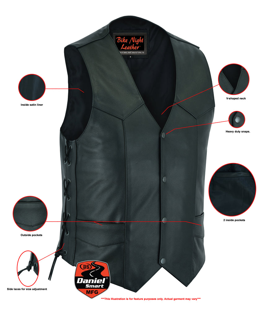 Daniel Smart Men's Side Lace Economy Vest with various features labeled including inside satin liner, heavy duty snaps, v-shaped neck, side laces for size adjustment, and multiple pockets.