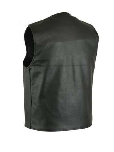 Men's leather vest with concealed carry pockets isolated on a white background.
Product Name: Daniel Smart Men's Single Back Panel Concealed Carry Vest (Buffalo Nickel He