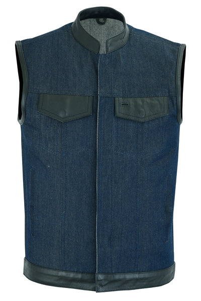 Daniel Smart Men's Broken Blue RoughRub-Off Raw Finish Denim Vest W/Leather