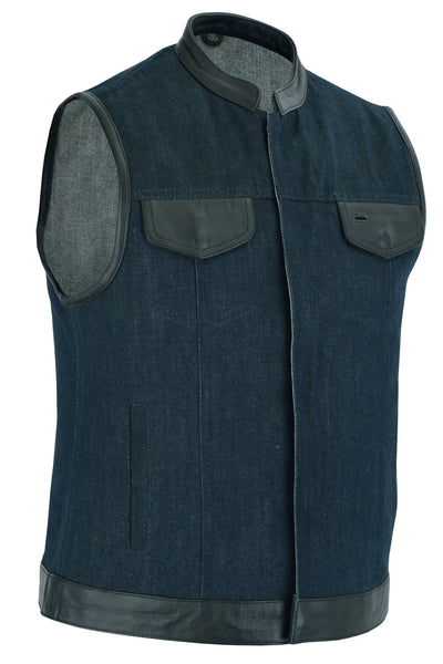 Daniel Smart Women's Broken Blue Rough Rub-Off Raw Finish Denim Vest W/Leather motorcycle vest featuring multiple pockets, including concealed gun pockets, and a mandarin collar, displayed on a white background.