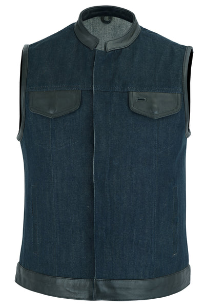 Dark blue denim vest with black leather trim, featuring a gray collar and concealed gun pockets.
Product Name: Daniel Smart Women's Broken Blue Rough Rub-Off Raw Finish Denim Vest with Leather Trim.