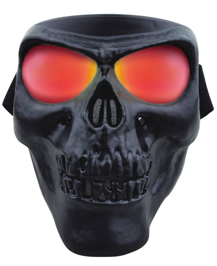 A Daniel Smart Skull Mask Black GTR with glowing red and orange eyes, featuring defined teeth, nose cavities, and polycarbonate lenses. The mask also comes with an adjustable strap for a secure fit.