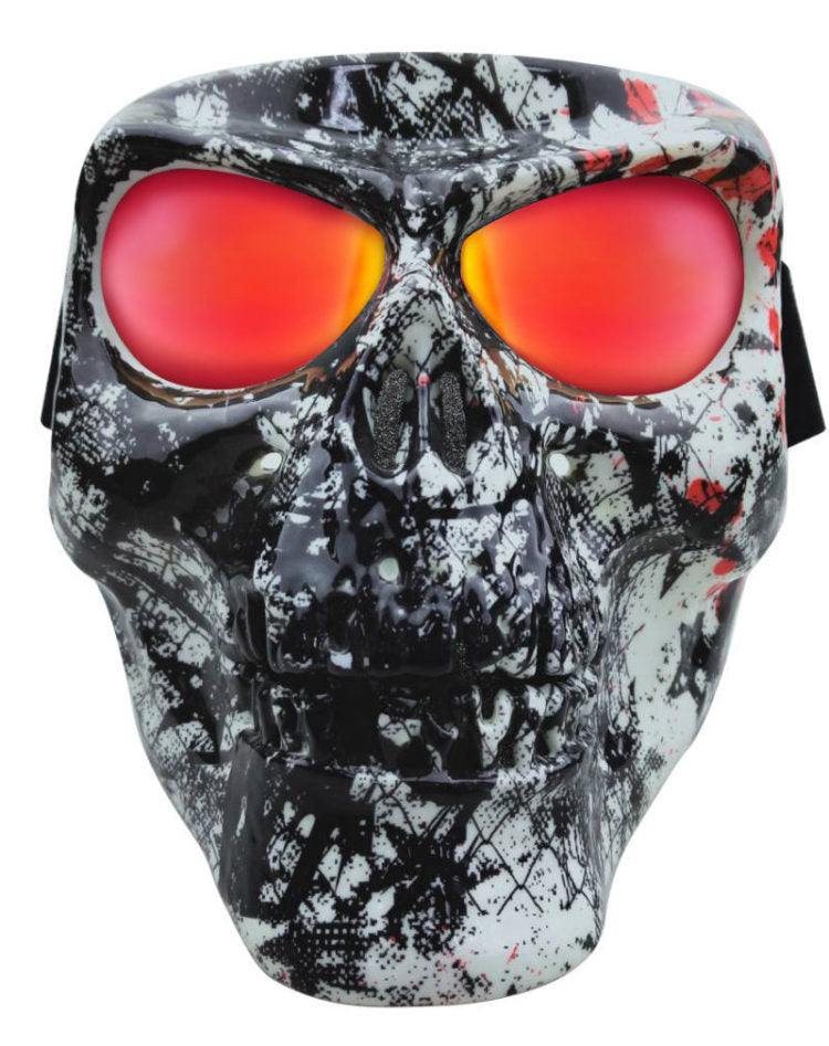 A black and white full face Daniel Smart Skull Mask Star GTR featuring abstract splatter patterns, glowing red eyes, and polycarbonate lenses for added protection.