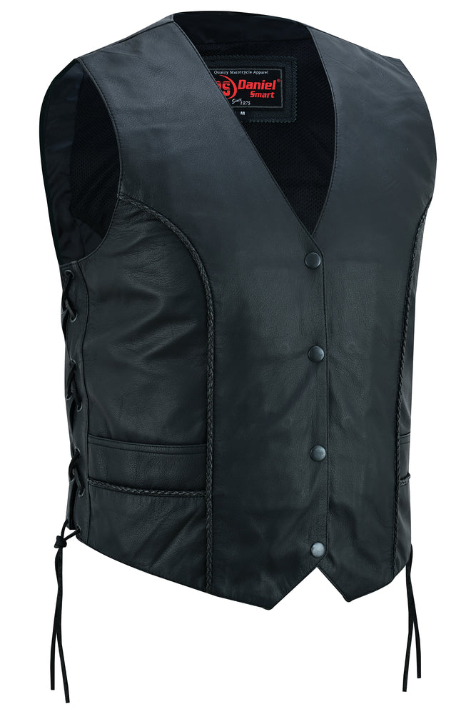 The Daniel Smart Women's Ultra-Thin Braided Vest is crafted from Soft Drum Dyed Goat Leather and features a V-neck, snap button closure, lace-up sides, and concealed gun pockets for added utility. The interior label reads "Daniel Smart.