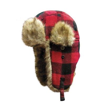 The Daniel Smart Dakota Dan-Buffalo Plaid caps feature a red and black plaid trapper hat with faux rabbit fur lining and ear flaps, perfect for battling extreme climates.