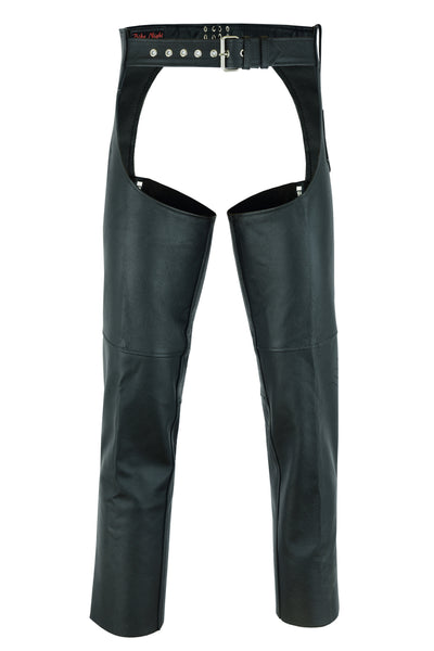 A pair of Daniel Smart Unisex Basic Coin Pocket Leather Chaps with buckles made from Cowhide for durability.