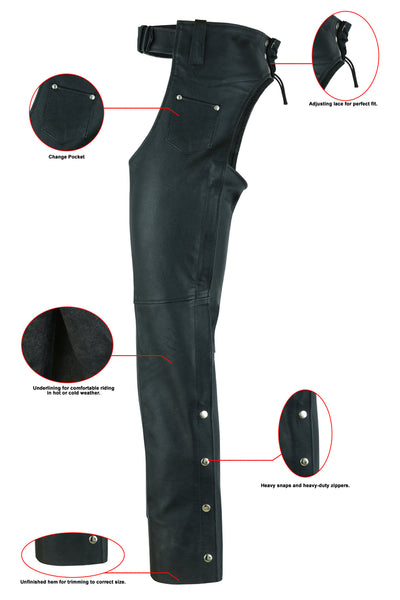 A heavy-duty Daniel Smart Unisex Basic Coin Pocket Leather Chaps with comfortable riding features.