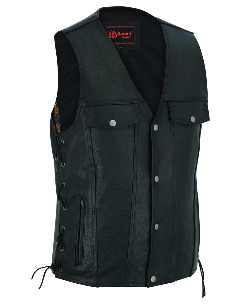 Daniel Smart Men's Black Leather Vest with Side Laces and Gun Pockets