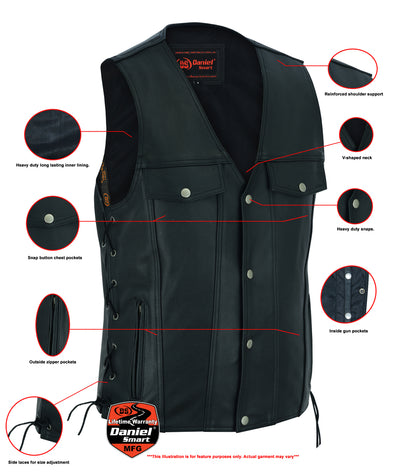 Daniel Smart Men's Black Leather Vest with Side Laces and Gun Pockets