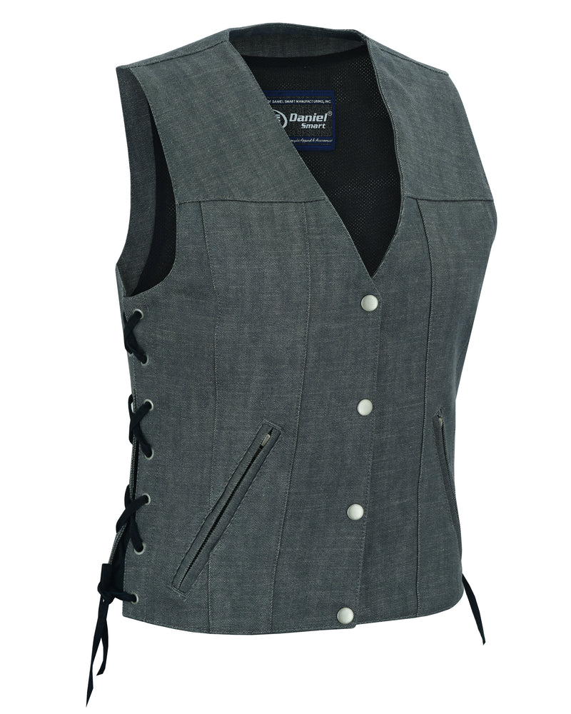 Daniel Smart Women's Rough Rub-Off Raw Finish Broken Gray Denim Vest