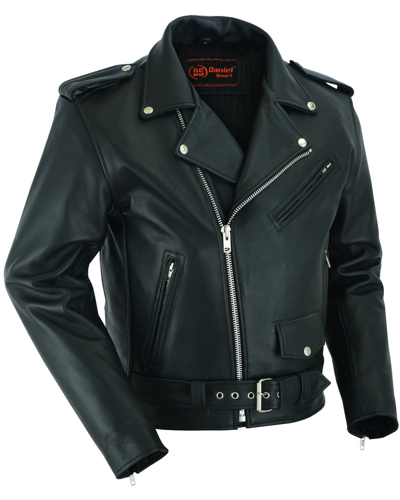 The Daniel Smart Motorcycle Armored Classic Biker Leather Jacket is a premium motorcycle jacket made from black cowhide leather. It features several zippered pockets, concealed gun pockets, a belted waist, and shoulder epaulets, all displayed on a white background.