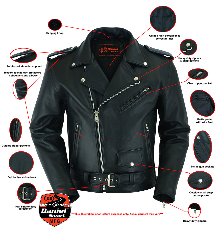 The Daniel Smart Motorcycle Armored Classic Biker Leather Jacket is crafted from durable cowhide leather, featuring reinforced shoulder support, heavy-duty zippers, quilted polyester lining, concealed gun pockets for added security, and modern technology sleeves.