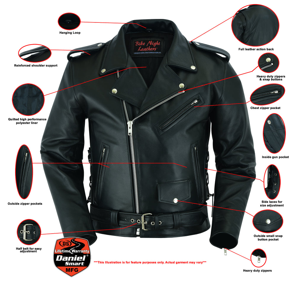 Exploded view of a Daniel Smart Economy Motorcycle Classic Biker Leather Jacket - Side Laces highlighting its concealed carry features and components.