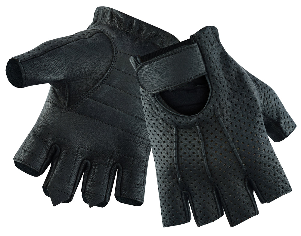 A pair of Daniel Smart Women's Tough Perforated Fingerless Gloves in black against a white background.