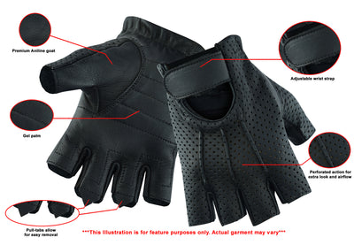 A labeled diagram highlighting the features of a Daniel Smart Women's Tough Perforated Fingerless Glove, including premium leather, gel palm, pull-tabs, perforations, and an adjustable wrist strap.