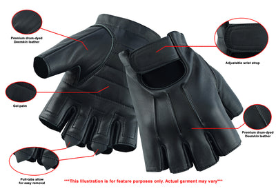 A diagram highlighting the features of a Daniel Smart Men's Hardy Deer Skin Fingerless Glove, including premium drum-dyed deerskin leather, gel palm, pull-tabs, and an adjustable wrist strap.