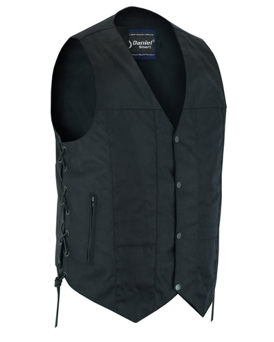 A Daniel Smart Men's Textile Ten Pocket Utility Vest featuring a zipper, lace-up side details, and concealed gun pockets, displayed on a white background.