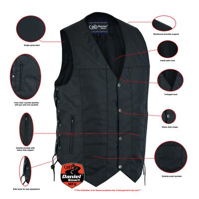 Exploded view of a Daniel Smart Men's Textile Ten Pocket Utility Vest in black highlighting its features including concealed gun pockets, single panel back, zipped front, dual chest pockets, side zip adjustments, and heavy-duty snaps.