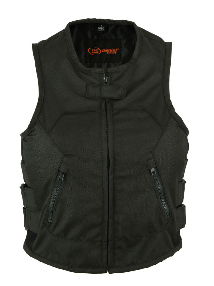 Daniel Smart Women's Textile Updated SWAT Team Style Vest with heavy duty zippers, multiple pockets, and a front zipper, isolated on a white background.