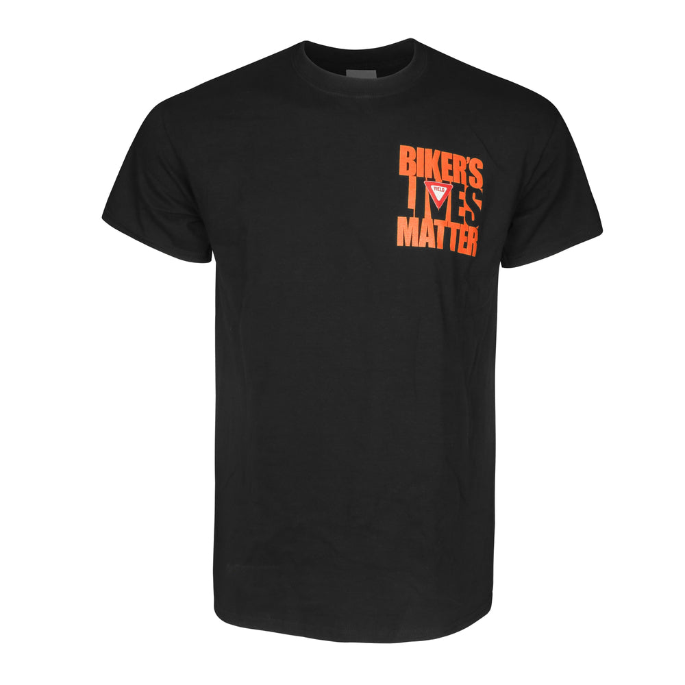 Daniel Smart Biker Lives Matter - Black T-shirt crafted from 100% preshrunk cotton, featuring the text "BIKER'S LIVES MATTER" in bold orange letters on the upper front, with a screen printed image and double needle hem.