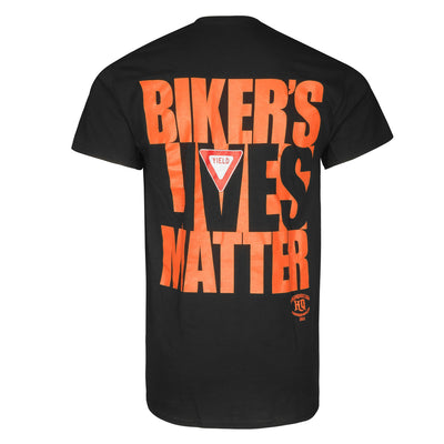 Daniel Smart Biker Lives Matter - Black made from 100% preshrunk cotton, featuring large orange text on the back reading "BIKER'S LIVES MATTER" and a yield sign integrated into the screen printed design.