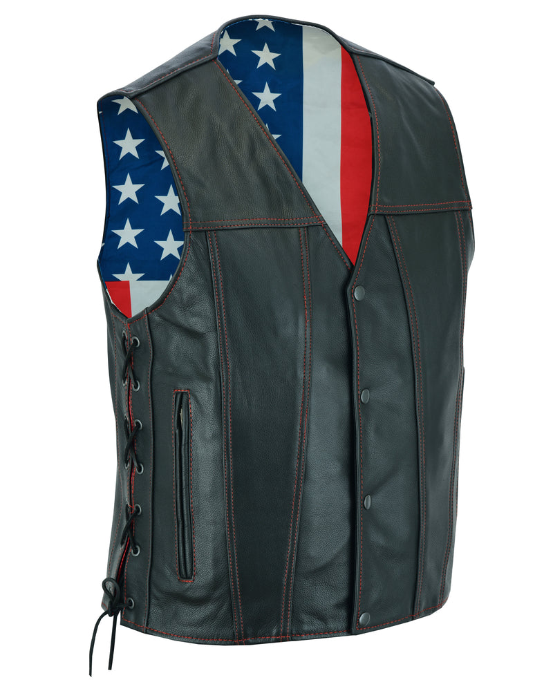 Introducing the Daniel Smart Honor Ride: A premium grade milled cowhide black leather vest featuring red stitching and lace-up sides. The interior is lined with a design resembling the United States flag, displaying stars and stripes. Reinforced shoulder support ensures added durability.