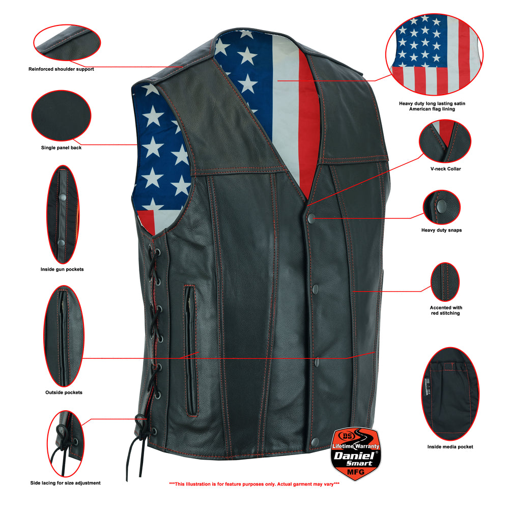 The Daniel Smart Honor Ride is a black leather vest crafted from Premium Grade Milled Cowhide with an American flag lining. It features a V-neck collar, reinforced shoulder support, various pockets including concealed gun pockets, heavy-duty snaps, adjustable side lacing, and red stitching.