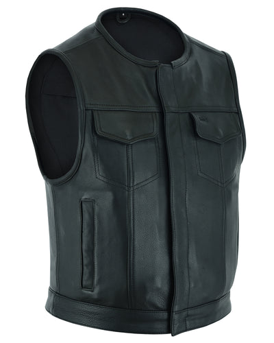 Daniel Smart Drop Zone cowhide leather motorcycle vest with concealed gun pockets on a white background.