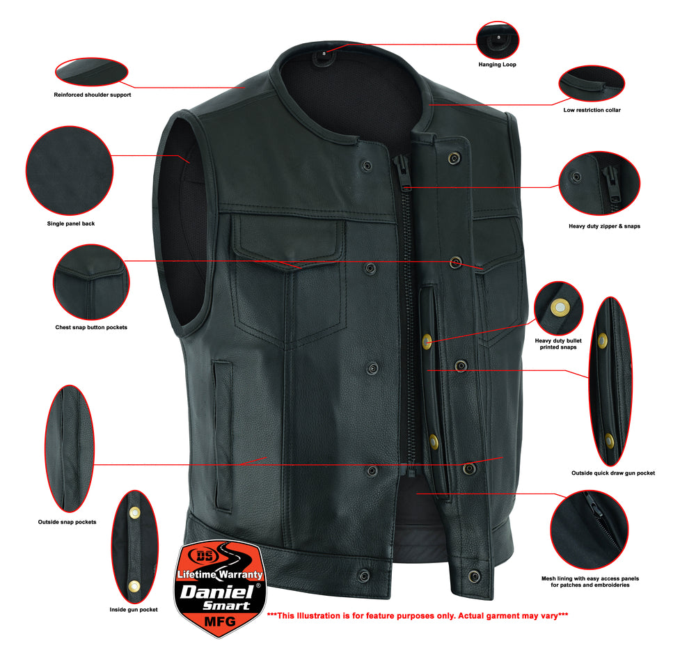 Exploded view of a Daniel Smart Drop Zone heavy-duty motorcycle jacket highlighting its design features and components with a lifetime warranty disclaimer.