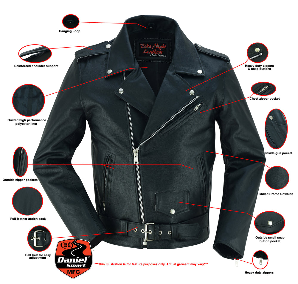 Daniel Smart Economy Motorcycle Classic Biker Leather Jacket - Plain Sides